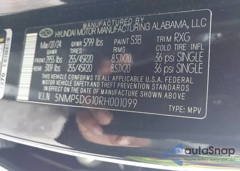 2024 Hyundai Santa Fe Hybrid Calligraphy z USA, uszkodzony, nr VIN 5NMP5DG10RH001099